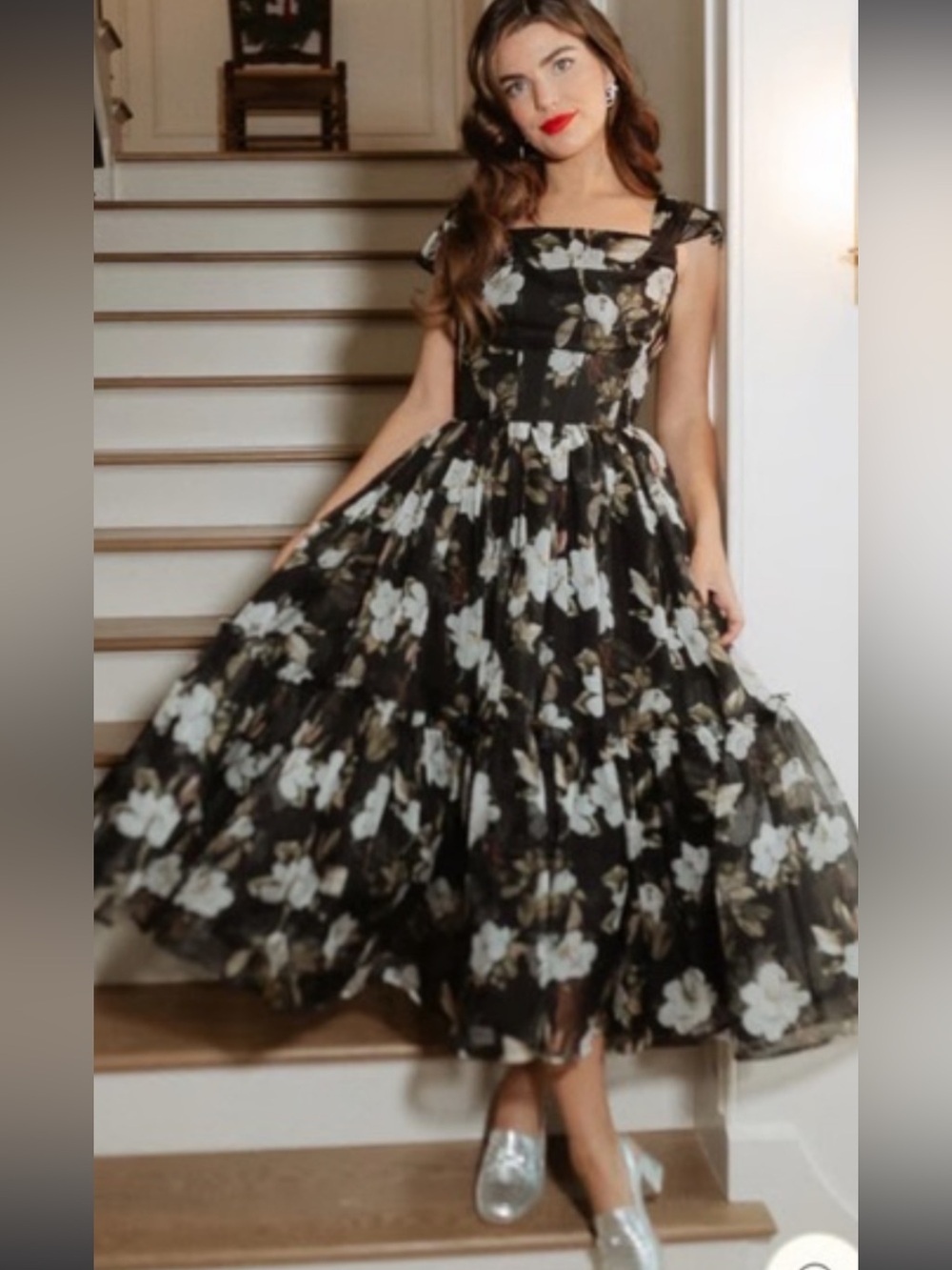 Ivy City Co Black Floral Dress with White Blossoms